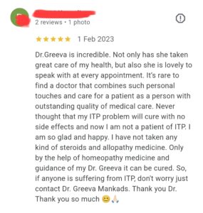 Google Review By ITP patient On wonderful result received By DR GReeva Mankad